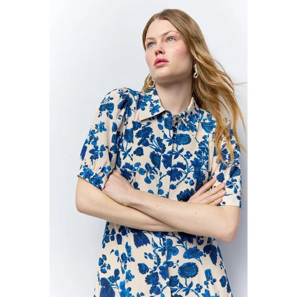 LK Bennett Cream Midi Dress with Blue Floral Print - Picture 3 of 9